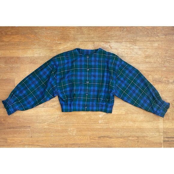 Vintage Wool Suit Set Size Medium 80s Blue Plaid Skirt & Cropped Jacket Plaid w - Picture 2 of 9